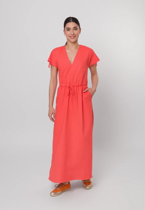 Pomarańczowa sukienka midi z wiskozy i lnu