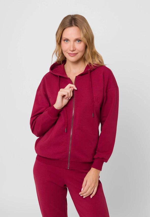 Bordowa bluza na suwak z kapturem
