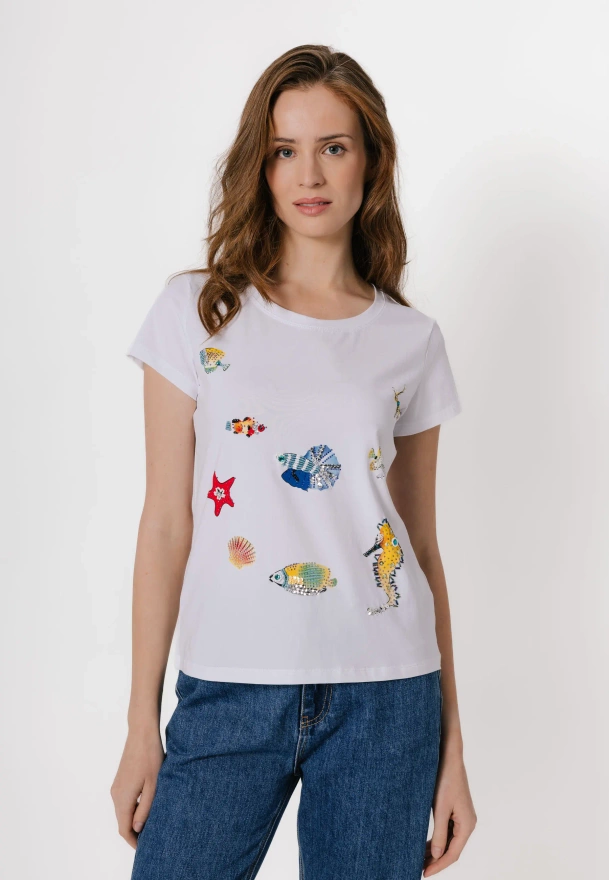 Biały bawełniany t-shirt w rybki