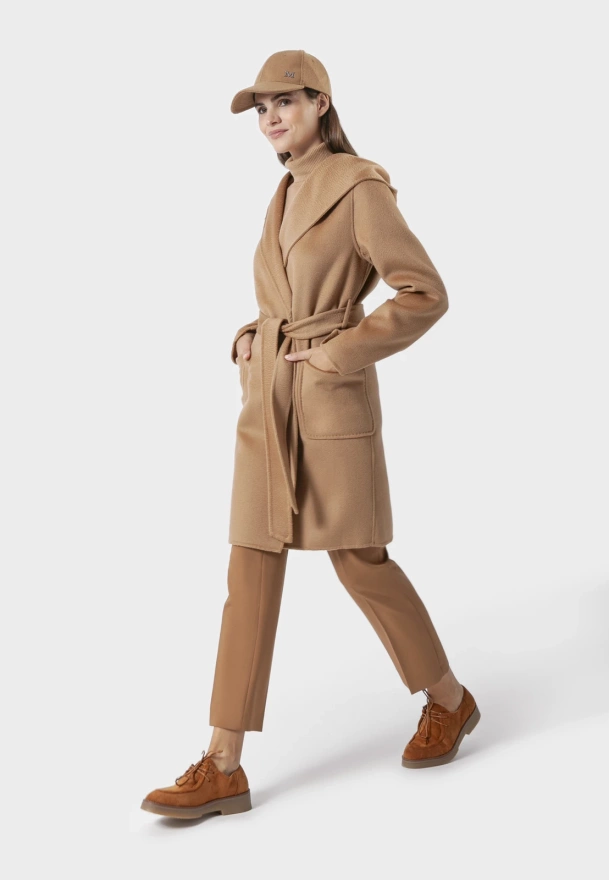 Camelowy płaszcz z kapturem 100% wełna