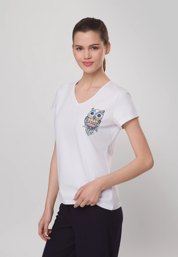 Bawełniany t-shirt z sową w kolorze białym