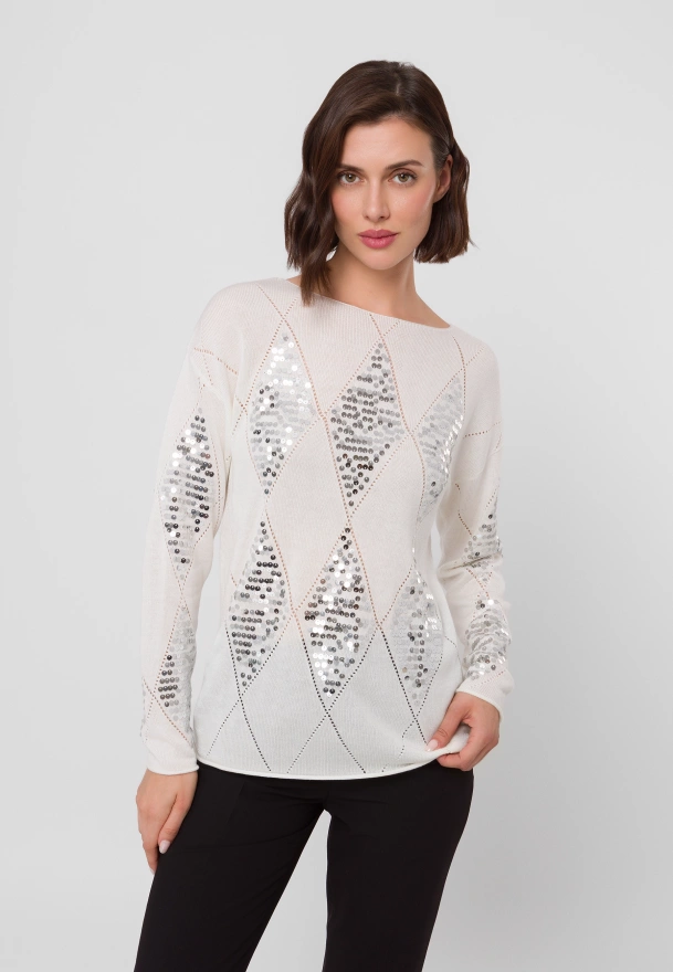 Ecru sweter zdobiony cekinami