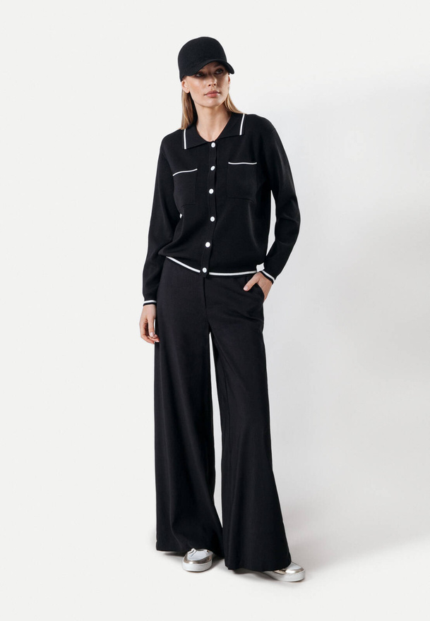 Czarny dzianinowy kardigan z ozdobną lamówką