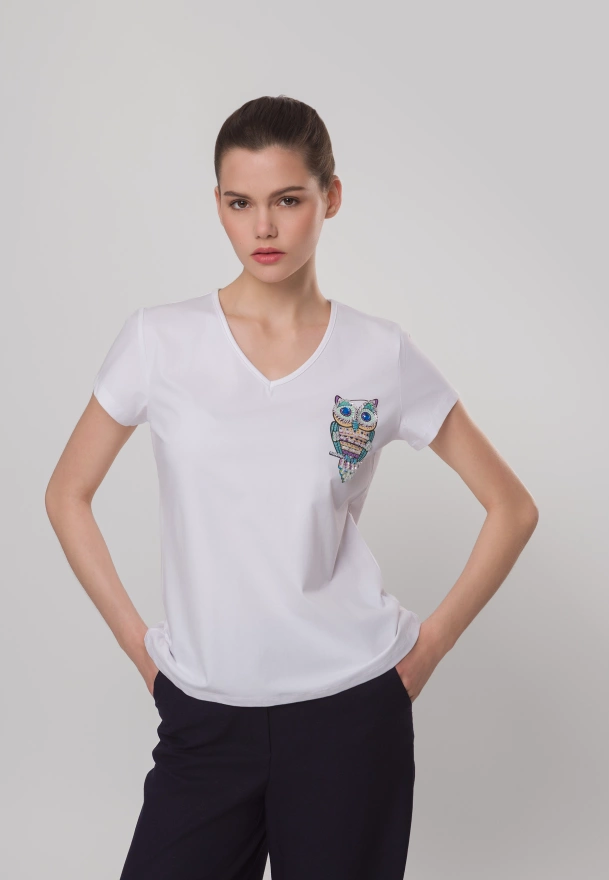 Bawełniany t-shirt z sową w kolorze białym