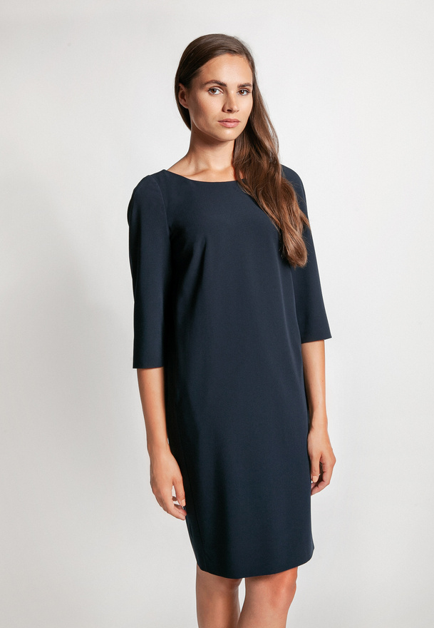 Granatowa taliowana sukienka z rękawem ¾