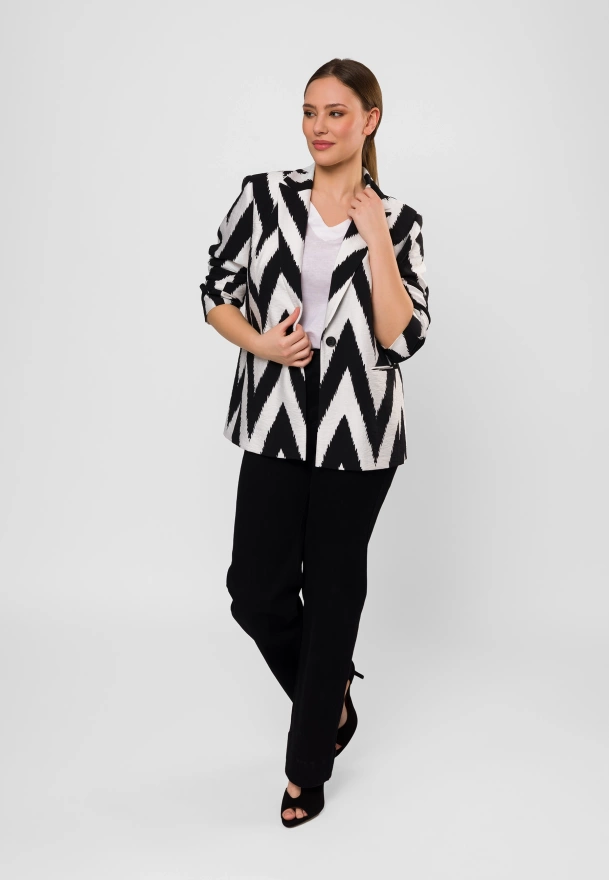 Wiskozowy żakiet na jeden guzik w czarno-biały wzór