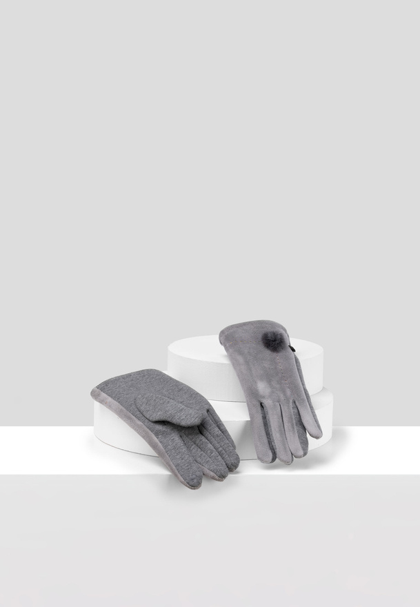 Szare rękawiczki z naturalnym pomponem