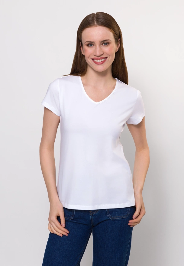 Biały bawełniany t-shirt w serek