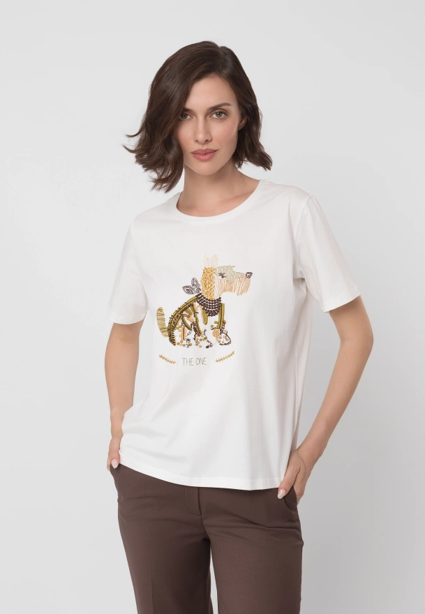 Bawełniany t-shirt ecru z aplikacją