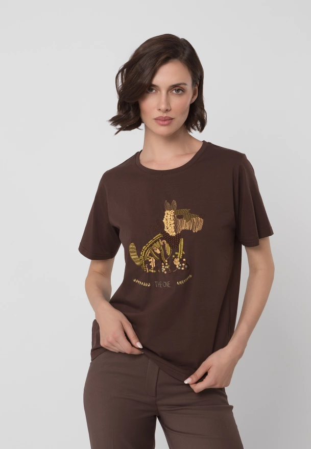 Brązowy bawełniany t-shirt z aplikacją