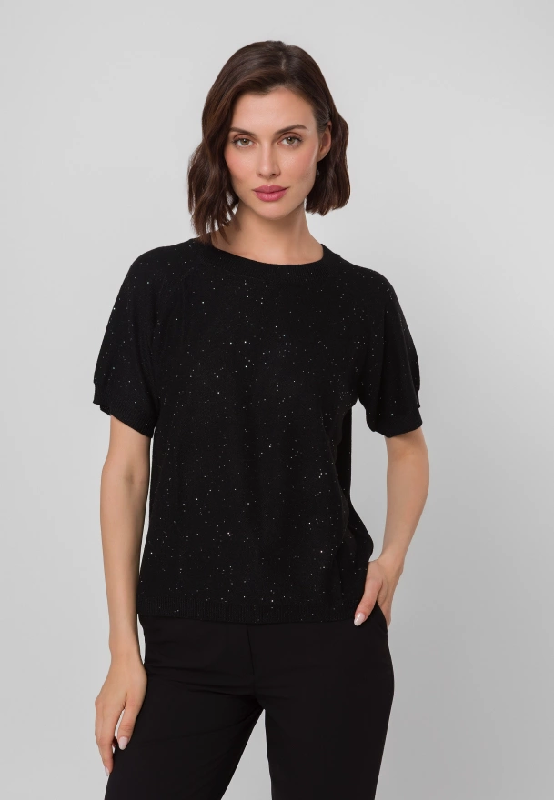 Czarna dzianinowa bluzka z drobnymi cekinami