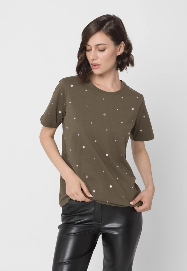 Khaki bawełniany t-shirt z dżetami