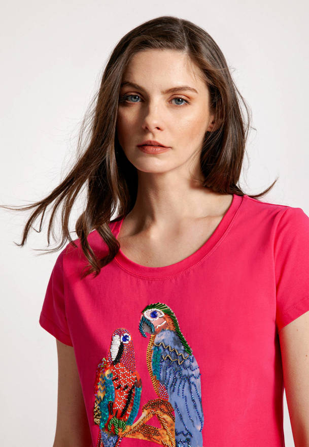 Bawełniany różowy t-shirt z papugami