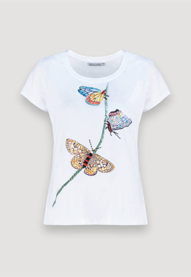 Biały t-shirt z motylami z koralików