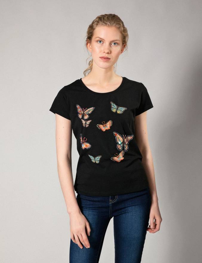 Czarny t-shirt z motylkami