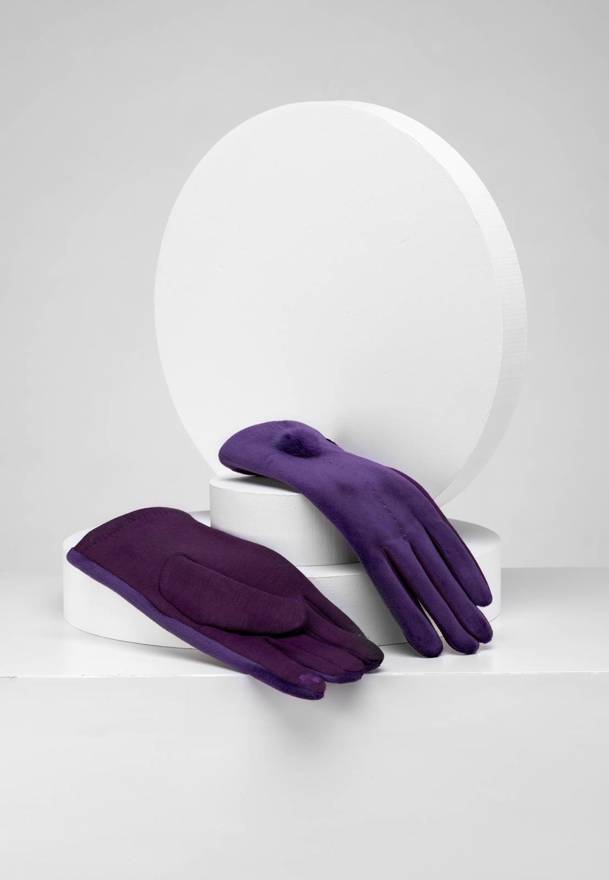 Fioletowe rękawiczki z pomponem z futra naturalnego