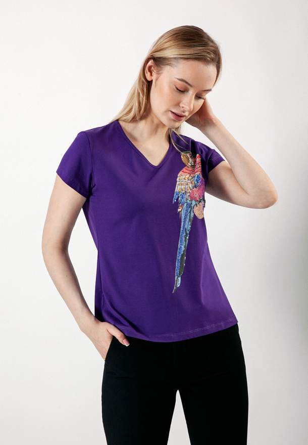 Fioletowy bawełniany t-shirt z aplikacją