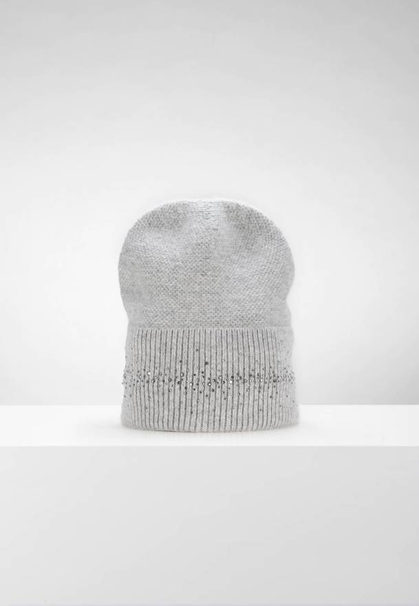 Zimowa, szara czapka z bawełną zdobiona cyrkoniami