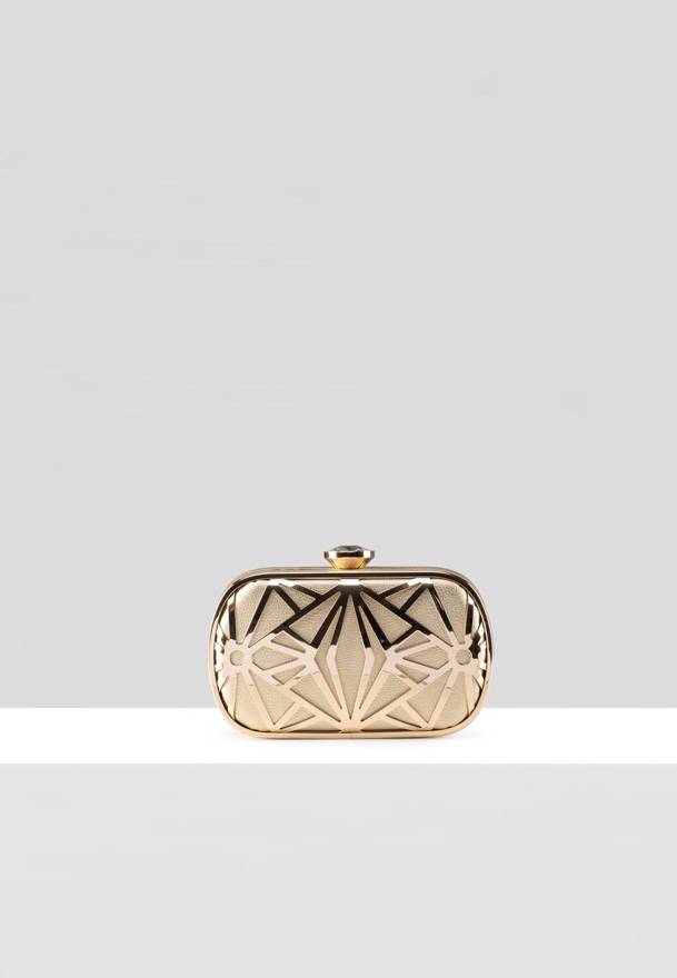 Złota torebka w kształcie elipsy typu puzderko