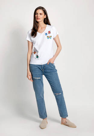 Biały bawełniany t-shirt z aplikacjami z koralików