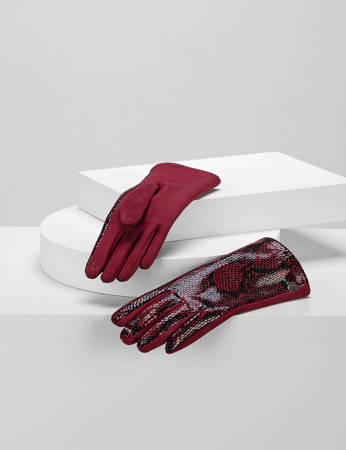 Bordowe rękawiczki z motywem wężowej skórki