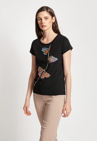 Czarny t-shirt z motylami z koralików