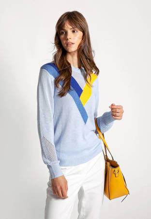 Niebieski dzianinowy sweter z ażurowymi wstawkami