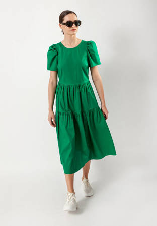 Popelinowa zielona sukienka z falbaniastym dołem