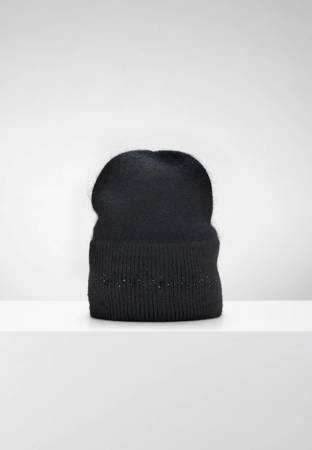 Zimowa, czarna czapka z bawełną zdobiona cyrkoniami